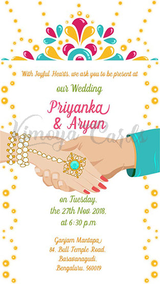 This Indian Wedding E-card is a vector illustration of the beautiful moment of unison, where soulmates hold hands and walk towards marital bliss.. This creative & quirky wedding e-invite design is decorated with motifs inspired by kundan & precious gem-stone traditional indian jewellery, which brings an air of glamour that Indian Weddings are famous for..  You can buy this Ecard design at Kimoya Cards or visit www.kimoyacards.com