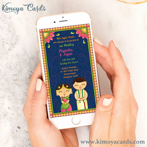 This Tamil Brahmin wedding E-card design is inspired by the adorable Japanese Kokeshi dolls. This quirky & cute Iyer wedding E-invite features the bride & groom in traditional Iyer bridal attire of Madisaar saree & Panchagajam. This creative wedding E-invite illustration is decorated with traditional Indian folk art motifs given a contemporary twist.. You can buy this Ecard design at Kimoya Cards or visit www.kimoyacards.com